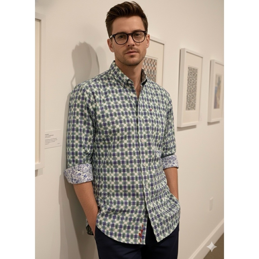Robert Graham Shirt Mens 3XL Green Blue Plaid Contrast‎ Trim Flip Cuff Classic